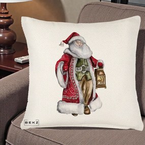 Perna Decorativa Mos Craciun Vintage cu Felinar, 40x40 cm, Crem Reliefat, Husa Detasabila, Perna Inclusa, BEKZ®