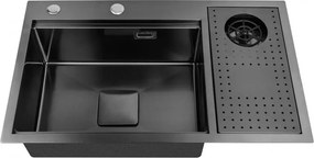 Chiuveta inox Inter Ceramic cu o cuva cu picurator dreapta finisaj negru satinat 75x45 cm si accesoriu pentru spalat pahare