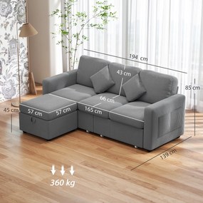 HOMCOM Divan 3 Locuri cu Pouf de Depozitare din Velur cu Nervuri 196x139x85 cm, Gri | Aosom Romania