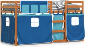 vidaXL Pat supraetajat cu perdele, albastru, 90x200 cm, lemn masiv pin