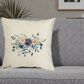 Perna Decorativa Buchet Flori Albastre Acuarela, 40x40 cm, Ecru, Husa Detasabila, Perna Inclusa, BEKZ®