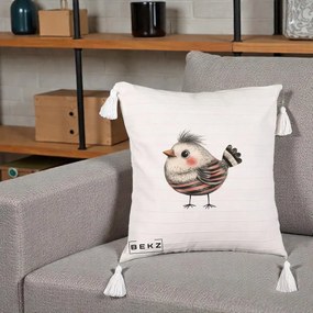 Perna Decorativa Pui Expresiv Dungi Negru-Rosu, 40x40 cm, Bej cu Franjuri, Husa Detasabila, Perna Inclusa, BEKZ®