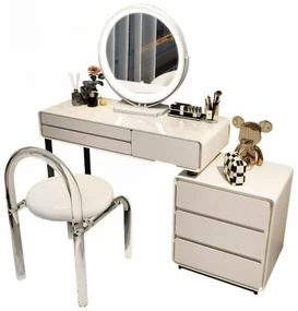 RESIGILAT- Set RAISA, Masă de toaletă pentru machiaj cu oglindă iluminată LED, control touch, 6 sertare, comoda, scaun, Alb, 80 cm