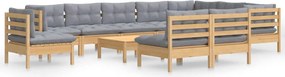 vidaXL Set mobilier de grădină cu perne, 11 piese, gri, lemn masiv pin