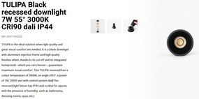 Spot LED incastrabil TULIPA Black recessed downlight 7W 55° 3000K CRI90 dali IP44