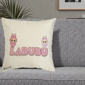 Perna Personalizata Labubu Duo Roz-Lila cu Text, 40x40 cm, Ecru, Husa Detasabila, Perna Inclusa, BEKZ®