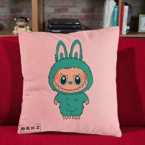 Perna Personalizata Labubu Turcoaz, 40x40 cm, Roz, Husa Detasabila, Perna Inclusa, BEKZ®