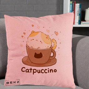 Perna Decorativa Catpuccino Pisica Cappuccino, 40x40 cm, Roz, Husa Detasabila, Perna Inclusa, BEKZ®