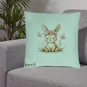 Perna Decorativa Iepuras cu Coronita Florala Roz, 40x40 cm, Verde Menta, Husa Detasabila, Perna Inclusa, BEKZ®
