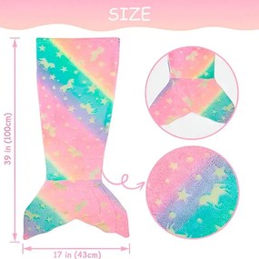 Patura unicorn pentru copii forma coada de sirena Mermaidream, 100x43 cm, Lumineaza in intuneric, Lana, Multicolor