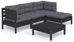 3096356 vidaXL Set mobilier grădină cu perne, 5 piese, negru, lemn de pin