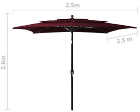 Umbrela de soare 3 niveluri stalp aluminiu rosu bordo 2,5x2,5 m Rosu bordo, 2.5 x 2.5 m