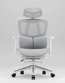 MILANO E06 Executive – Scaun Ergonomic cu Suport Lombar Reglabil în 2 Trepte, Tetieră Reglabilă, Cotiere 3D, Reclinare 135°, Umeraș Integrat, Suport pentru Picioare și Bază Metalică, Mesh, Gri