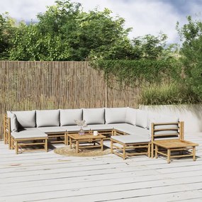 3155099 vidaXL Set mobilier de grădină cu perne gri deschis, 12 piese, bambus