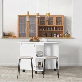 HOMCOM Masă pliabilă de dining pentru 2-4 persoane, 120x60x77 cm, cu 6 roți, 2 polițe, 2 extensii rabatabile, economisește spațiu, albă | Aosom Romania