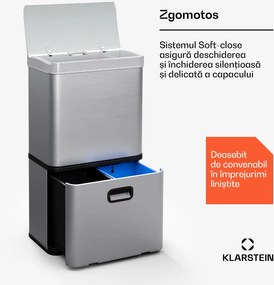 Klarstein Coș de gunoi fără atingere, cu senzor, 56 l, din oțel inoxidabil, închidere ușoară, cu baterii, afișaj LED, temporizator
