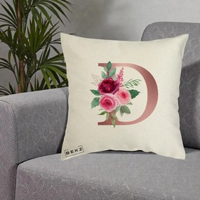 Cadou Personalizat - Perna Personalizata Monograma Rose Gold Litera D, 40x40 cm, Ecru, Husa Detasabila, Perna Inclusa, BEKZ®