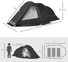Outsunny Cort Tunel pentru 3-4 Persoane, Cort de Camping cu Doua Camere, cu Ferestre si Obloane, Geanta de Transport Portabila, pentru Pescuit, Drumetii, Sport, Festival, Negru | Aosom Romania