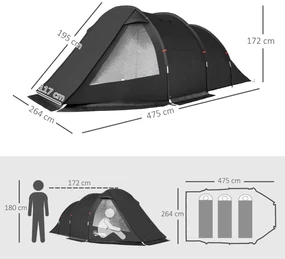 Outsunny Cort Tunel pentru 3-4 Persoane, Cort de Camping cu Doua Camere, cu Ferestre si Obloane, Geanta de Transport Portabila, pentru Pescuit, Drumetii, Sport, Festival, Negru | Aosom Romania