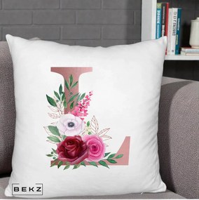 Cadou Personalizat - Perna Personalizata Monograma Rose Gold Litera L, 40x40 cm, Alb Pufos, Husa Detasabila, Perna Inclusa, BEKZ®