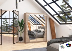 Dulap cu usi glisante si oglinda + iluminare LED, Alen 150 + LED, 150 cmx200 cmx58 cm, ADRK Furniture (Culoare: Ciocolata)