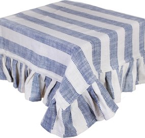 Față de masă din bumbac organic, albastru și alb, model în dungi cu volănaș decorativ, 150 × 250 cm, „Ida Stripe"