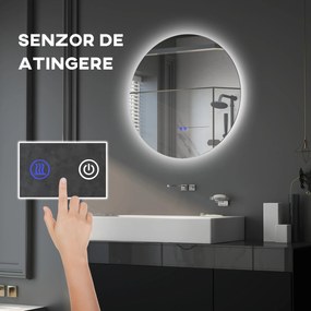 Kleankin Oglinda de Baie Rotunda cu Lumina LED in 3 Culori si intrerupatoare Touch, Ø70x3.5 cm, Transparent | Aosom Romania