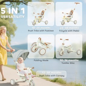 AIYAPLAY Triciclu pentru Copii 5 în 1 cu Spătar Reglabil, Triciclu pentru Copii cu Mâner de Împingere, Spătar Reglabil, Crem Alb | Aosom Romania