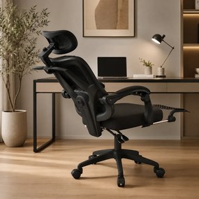 Scaun ergonomic cu suport lombar 4D, tetieră reglabilă 4D, pivotant 360°, suport pentru picioare, Mesh, Negru