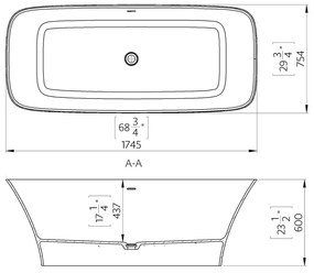 Cada freestanding, din compozit, 175x76 cm, cu preaplin, Marmite Corsica