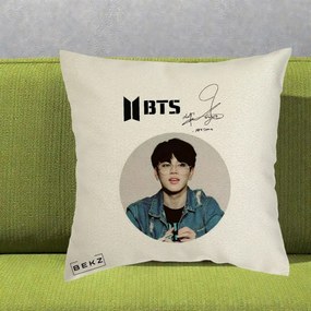 Perna Personalizata K-pop BTS Jimin Portret Cerc Autograf Geaca, 40x40 cm, Ecru, Husa Detasabila, Perna Inclusa, BEKZ®