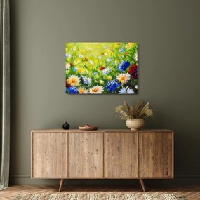 Tablou pe sticlă - Pictură în ulei, pajiște înflorită (70x50 cm)