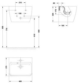 Lavoar suspendat alb 48 cm, cu piedestal integrat, Gala Emma Square