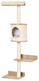 PawHut Copac pentru Pisici de Perete 38x30x149 cm cu Multiple Platforme din Lemn Vizuini Pat Superior Pernă Detașabilă Stâlpi Zgârietoare din Sisal Turn de Cățărat Bej și Stejar | Aosom Romania