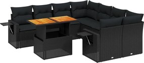 vidaXL Set mobilier de grădină cu perne, 9 piese, negru, poliratan
