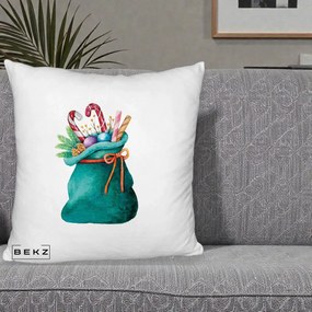 Perna Decorativa Saculet Cadouri Mos Craciun Acuarela Verde, 40x40 cm, Alb Pufos, Husa Detasabila, Perna Inclusa, BEKZ®