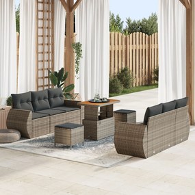 vidaXL Set de canapea de grădină cu 9 piese, perne incluse, gri, din rattan sintetic și acacia.