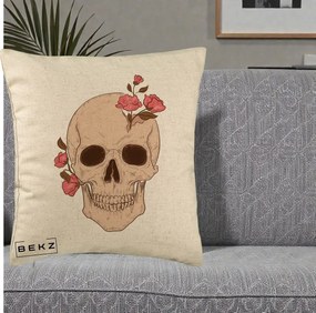Perna Decorativa Craniu Floral Gothic, 40x40 cm, Bej, Husa Detasabila, Perna Inclusa, BEKZ®