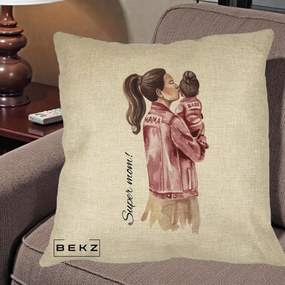 Cadou pentru Mama - Perna Personalizata Super Mom Jachete Roz, 40x40 cm, Crem, Husa Detasabila, Perna Inclusa, BEKZ®
