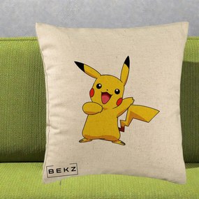 Perna Personalizata Pikachu Fericit, 40x40 cm, Bej, Husa Detasabila, Perna Inclusa, BEKZ®