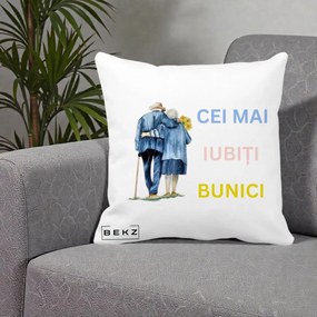 Cadou pentru Bunici - Perna Personalizata Cei Mai Iubiti Bunici Acuarela Spate, 40x40 cm, Alba Mata, Husa Detasabila, Perna Inclusa, BEKZ®