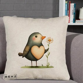 Perna Decorativa Pasare cu Inima si Margareta, 40x40 cm, Bej Canapea, Husa Detasabila, Perna Inclusa, BEKZ®