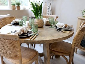 Masă dining rotundă din lemn reciclat, natur, 4–5 locuri, cu patru picioare legate în cruce, 76 x 120 cm, „Lourmarin”