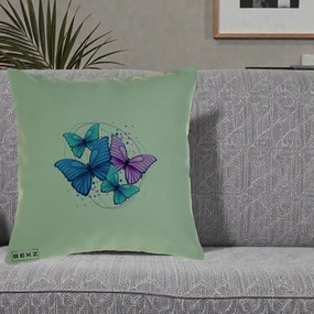 Perna Decorativa Patru Fluturi Turcoaz-Violet, 40x40 cm, Verde, Husa Detasabila, Perna Inclusa, BEKZ®