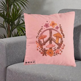 Perna Decorativa Peace Sign Ciuperci Floral, 40x40 cm, Roz, Husa Detasabila, Perna Inclusa, BEKZ®