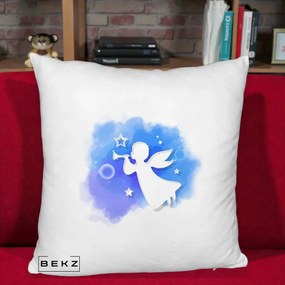 Perna Decorativa Inger cu Trompeta Albastru, 40x40 cm, Alb Pufos, Husa Detasabila, Perna Inclusa, BEKZ®