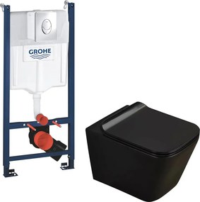 Pachet vas wc negru mat Rune Jord, capac slim softclose si rezervor Grohe Rapid SL cu clapeta cromata Skate Air