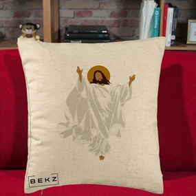 Perna Decorativa Iisus Hristos Invierea Silueta Minimalista, 40x40 cm, Bej, Husa Detasabila, Perna Inclusa, BEKZ®