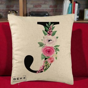 Cadou Personalizat - Perna Personalizata Monograma Florala Litera J, 40x40 cm, Bej, Husa Detasabila, Perna Inclusa, BEKZ®
