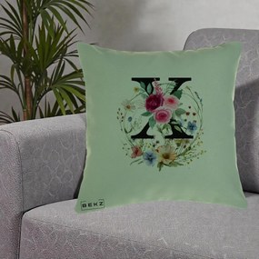 Cadou Personalizat - Perna Personalizata Monograma Florala Litera X cu Coroana, 40x40 cm, Verde, Husa Detasabila, Perna Inclusa, BEKZ®